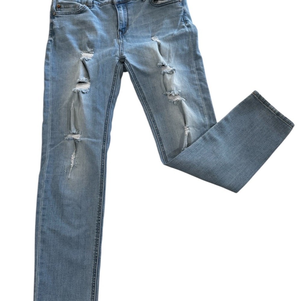 Enjean light wash stretchy distressed skinny jeans, rips tears, 5 pockets, 13.